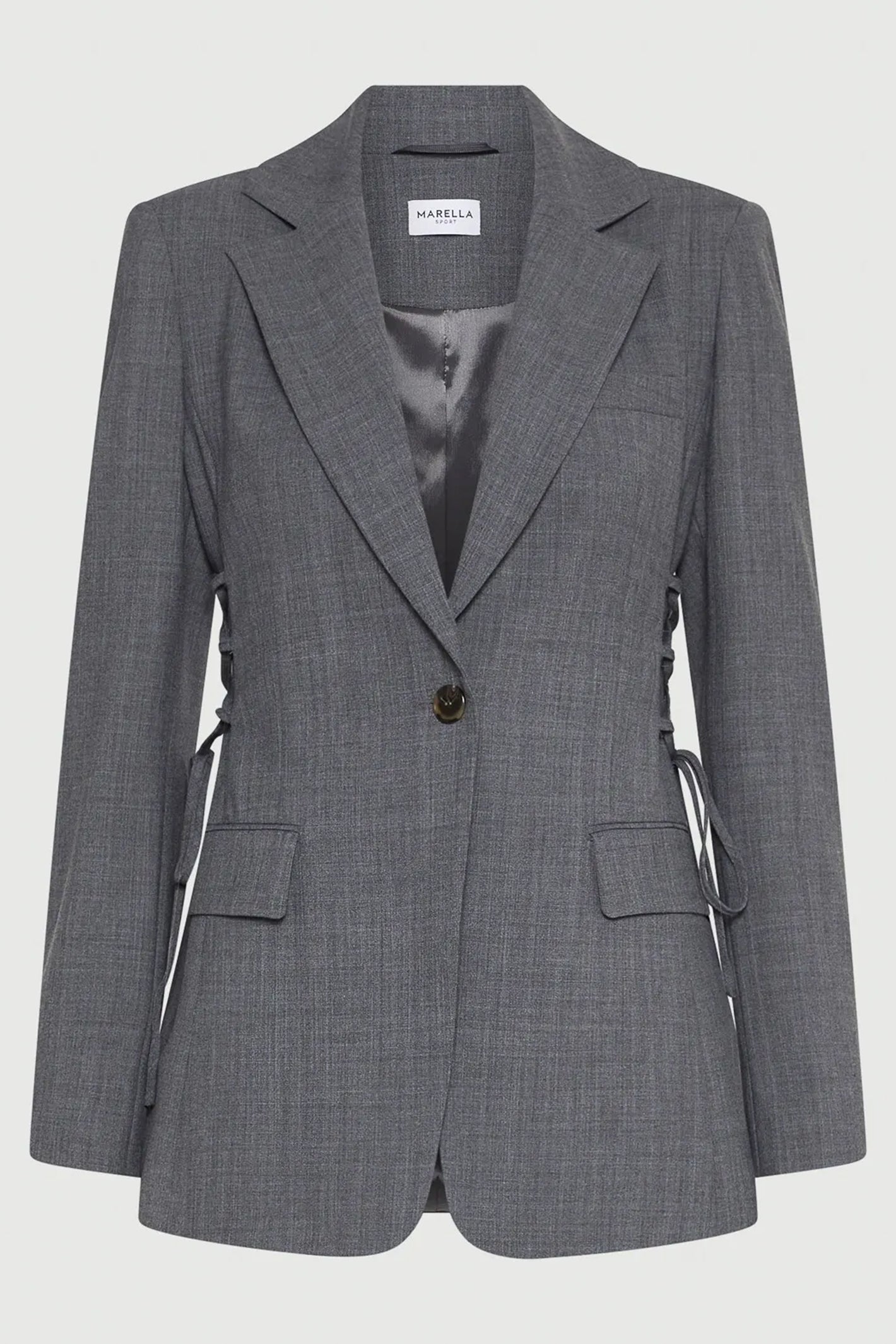 Gray blazer with a visible brand label on a light gray background