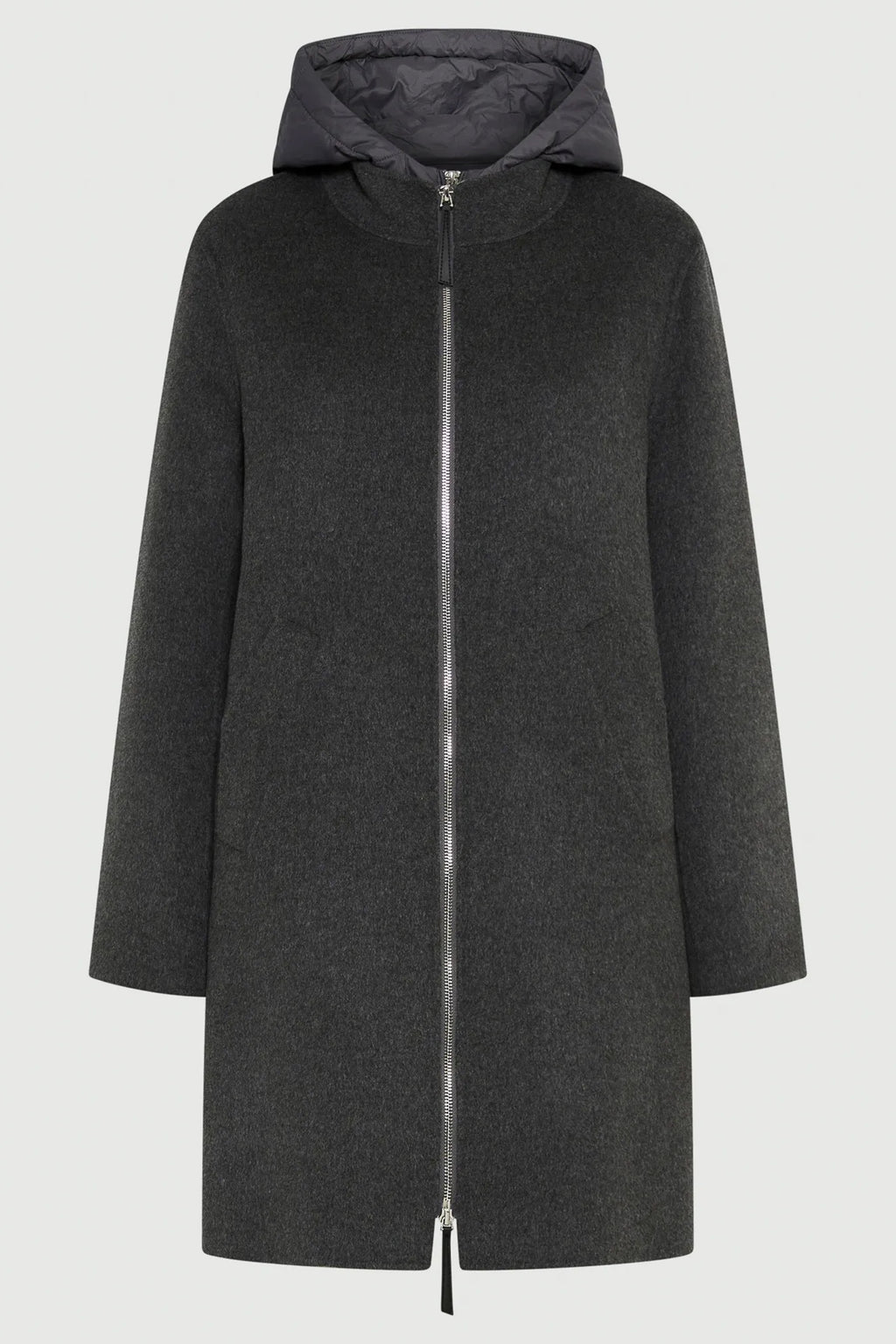 Dark gray coat with a hood on a light gray background