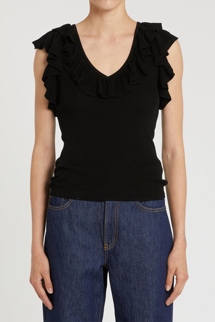 Marella Sport Mlsmatass Black Ruffle Neck Sleeveless Top 2613361124200