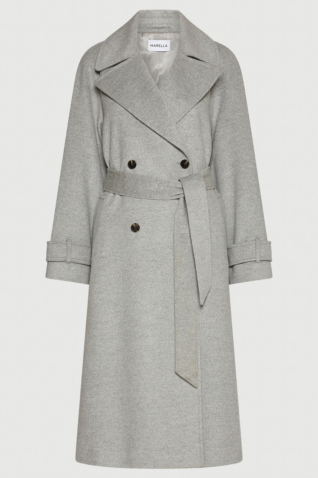 Gray trench coat with a belt on a white background
