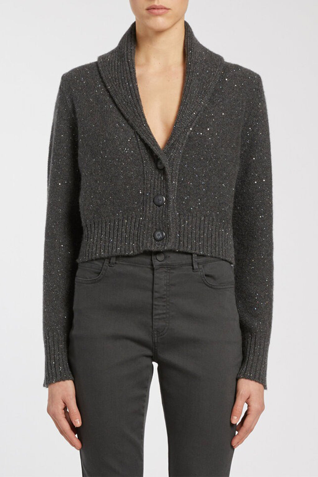 Marella Zambia 2523346065200 Dark Grey Sequin Shawl-Neck Cardigan