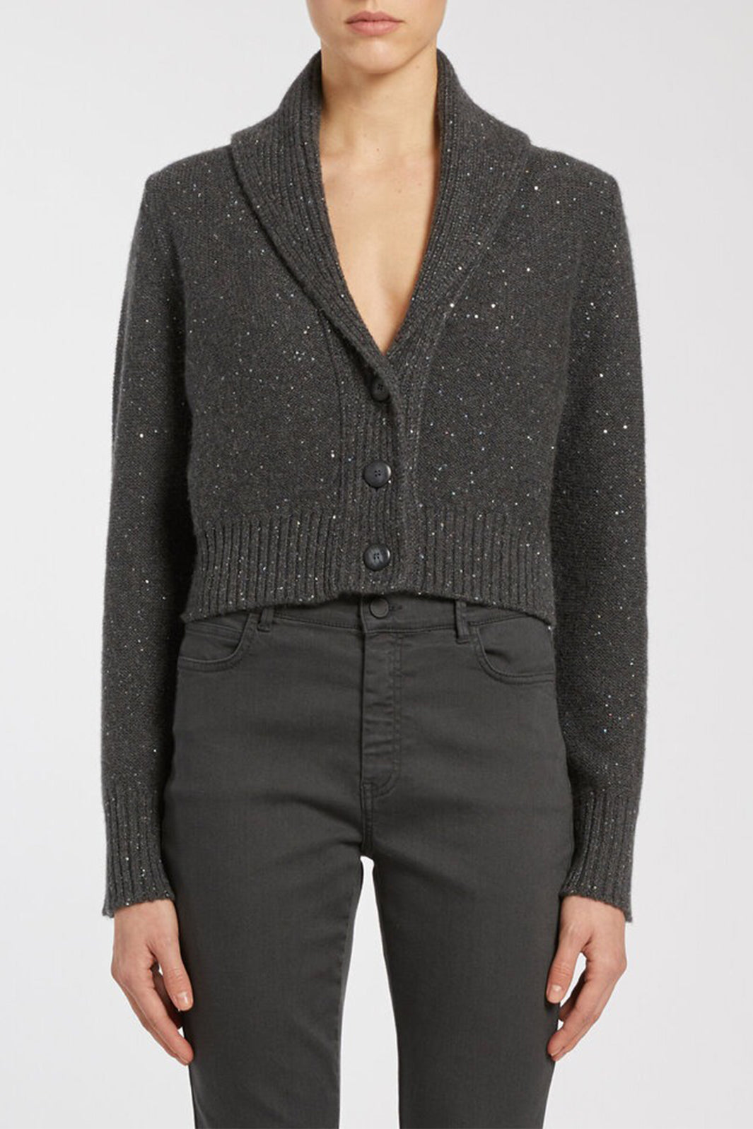 Marella Zambia 2523346065200 Dark Grey Sequin Shawl-Neck Cardigan