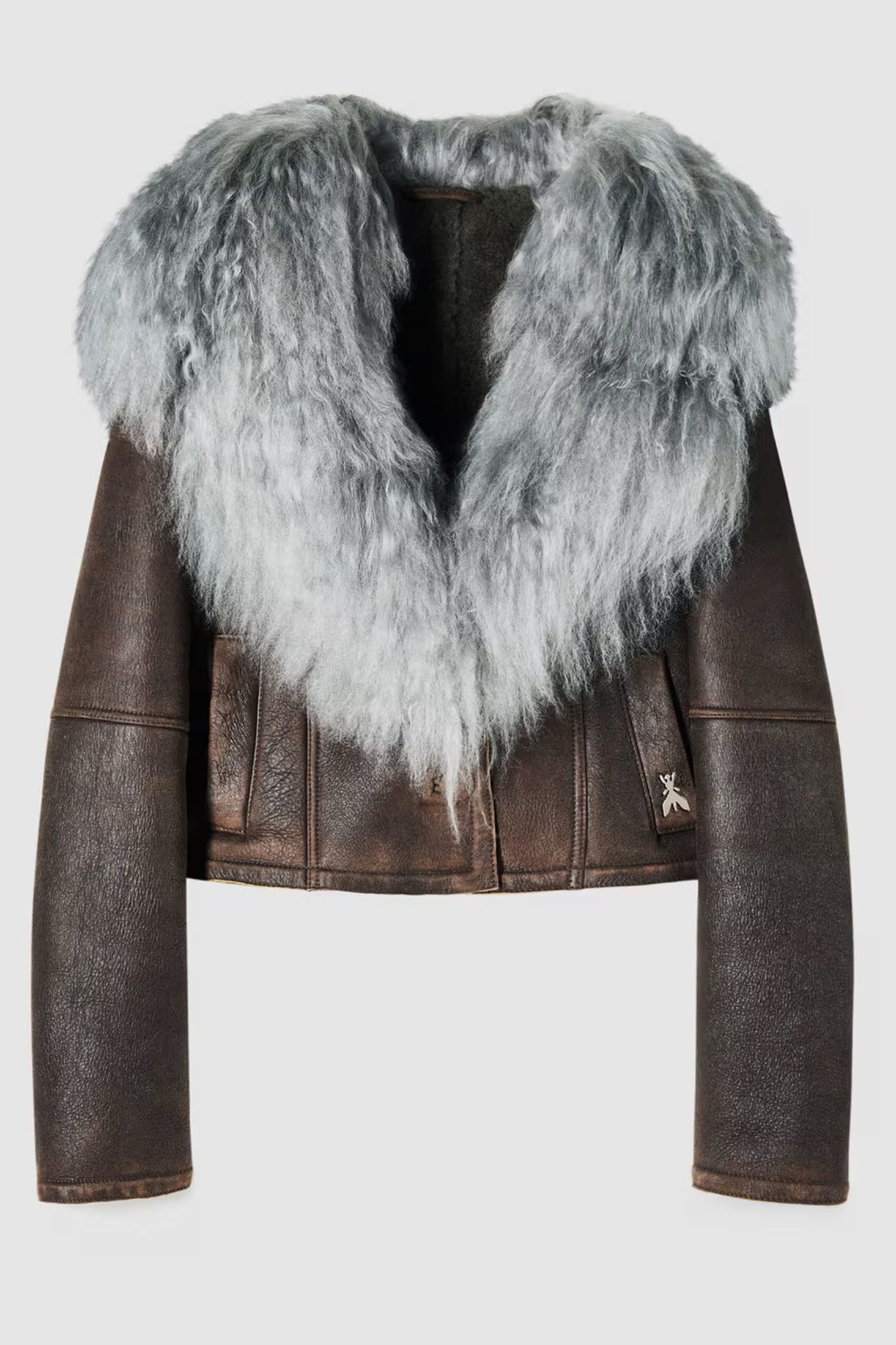 Brown leather jacket with gray fur collar on a white background