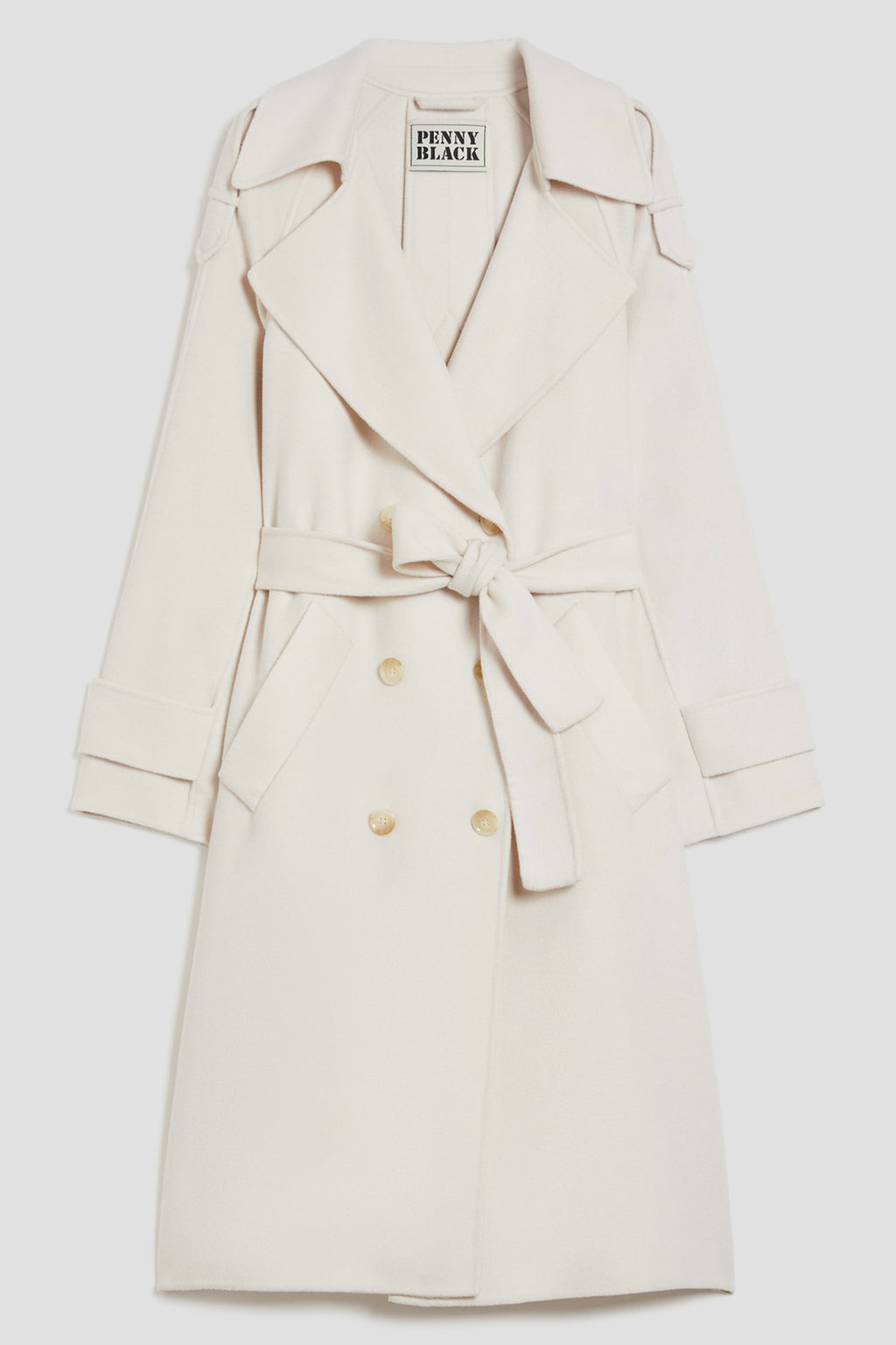 Beige trench coat with gold buttons on a white background