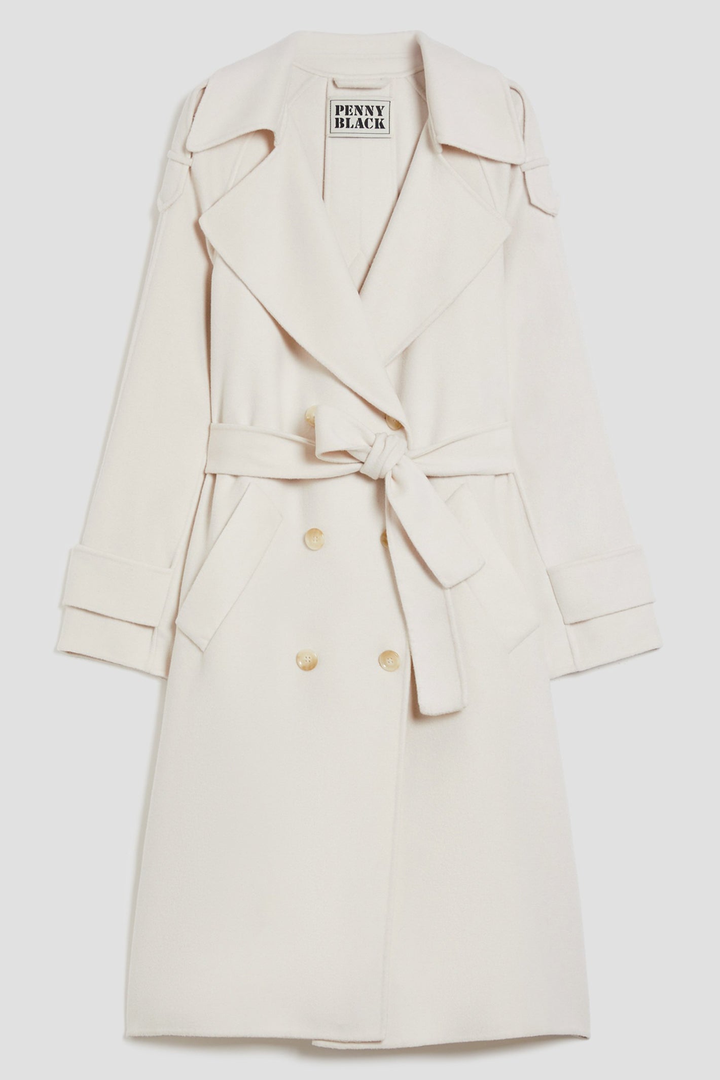 Beige trench coat with gold buttons on a white background