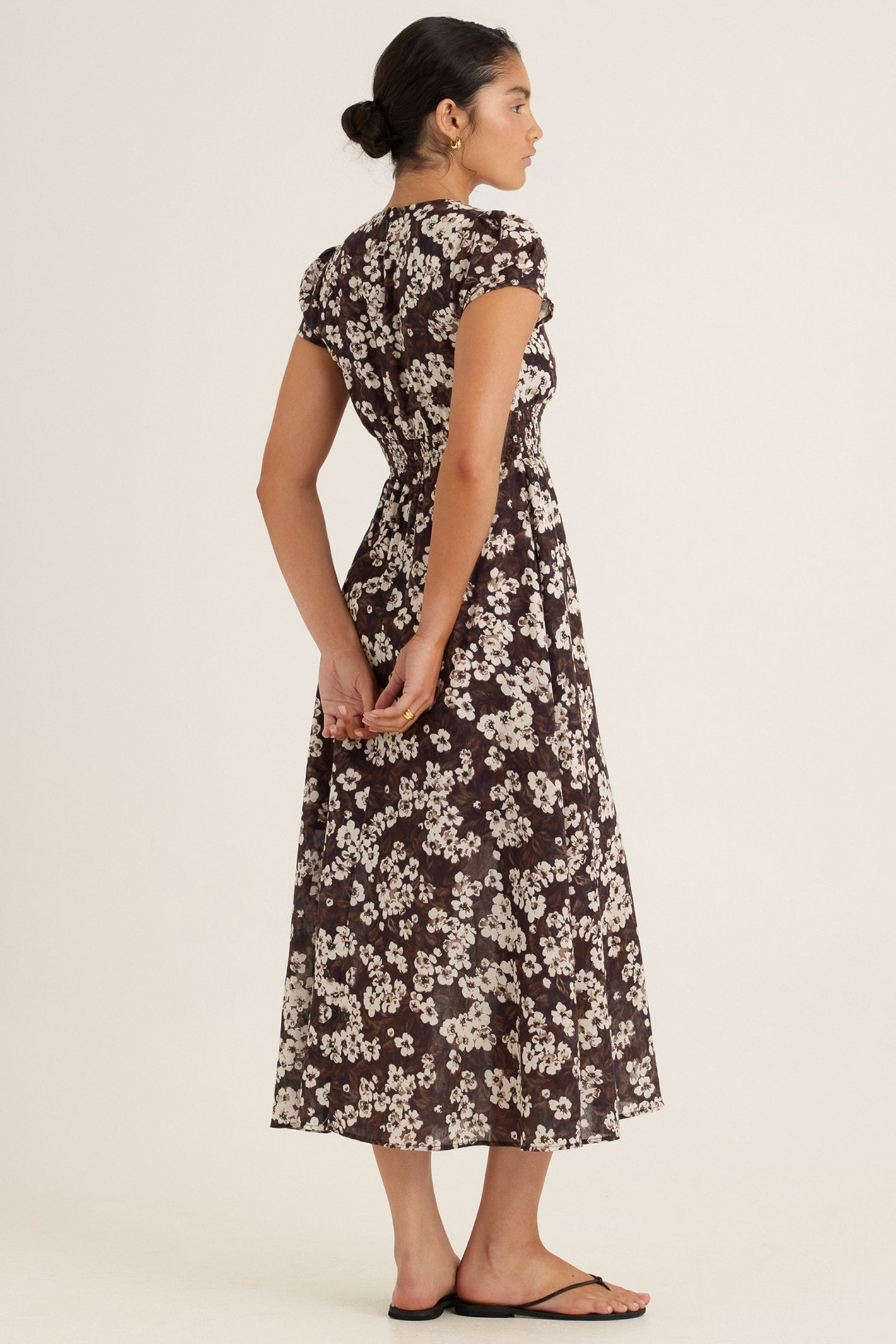 Peony Florentine Midi Dress Brown Floral Print Cotton 0226 R345