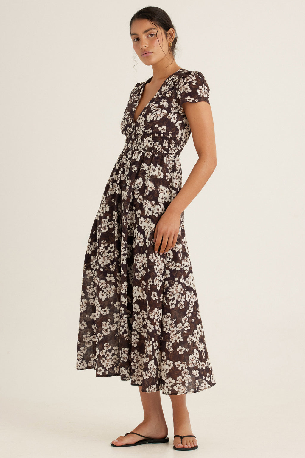 Peony Florentine Midi Dress Brown Floral Print Cotton 0226 R345