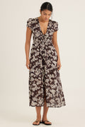 Peony Florentine Midi Dress Brown Floral Print Cotton 0226 R345