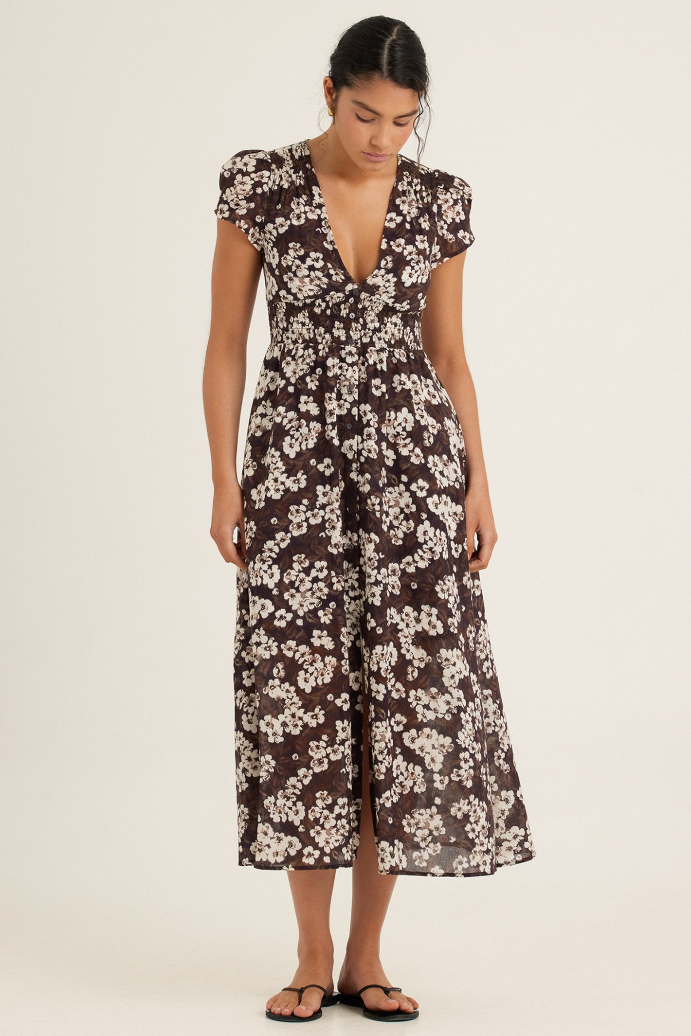 Peony Florentine Midi Dress Brown Floral Print Cotton 0226 R345