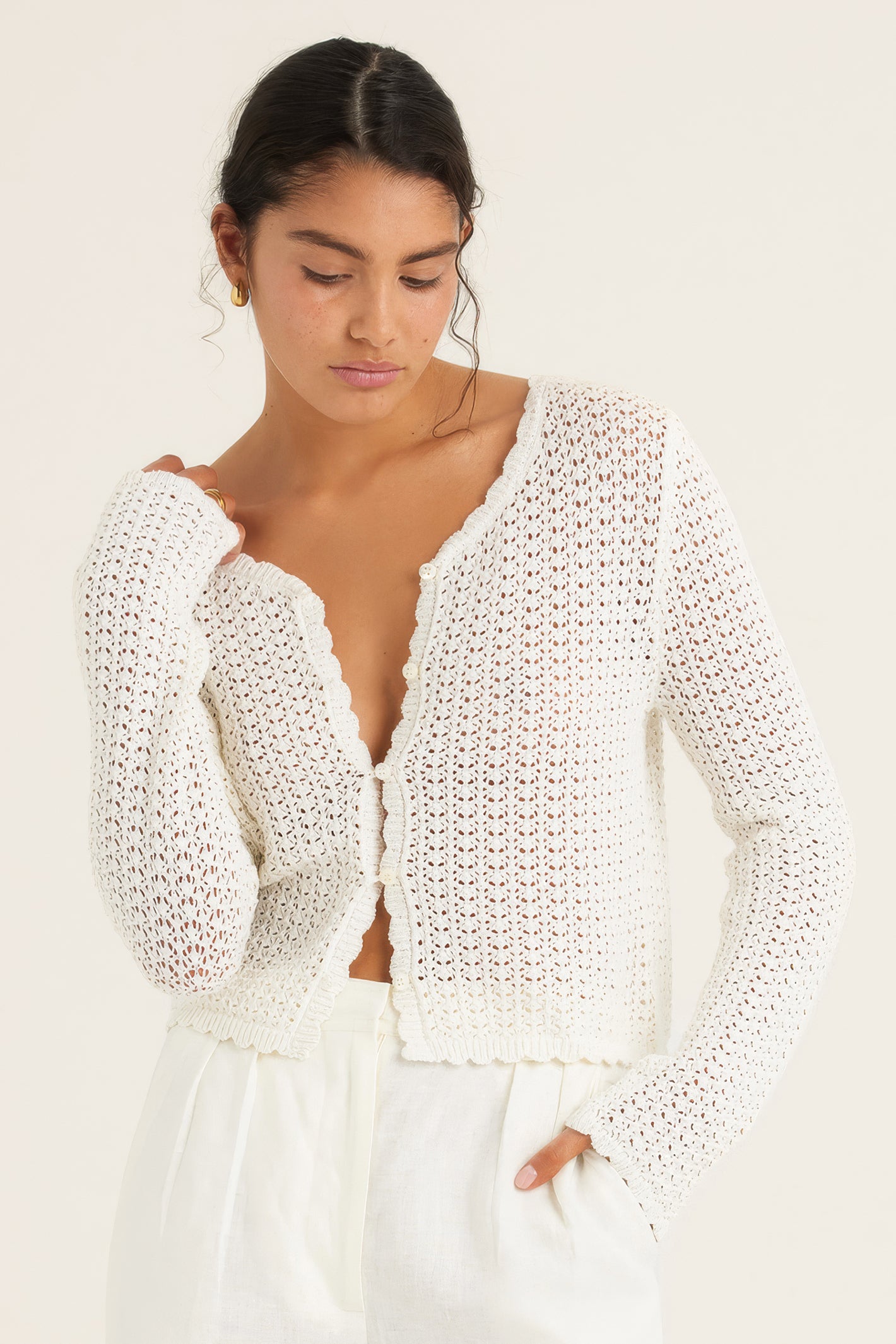 Peony Pointelle Cardigan Seashell White 1125 R319
