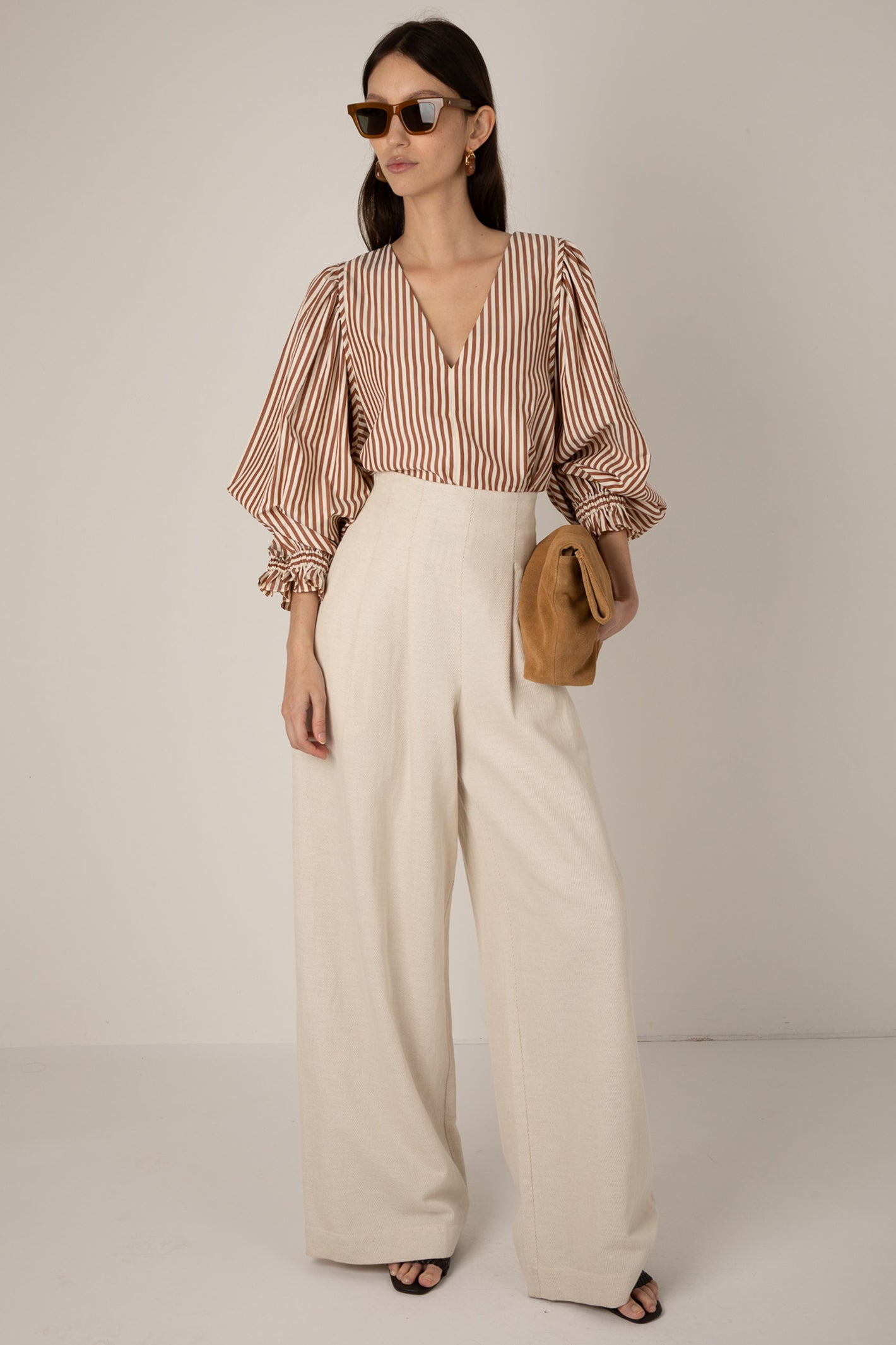 Vivere Nellie VIV 175 Ecru High Waisted Palazzo Linen Blend Trousers